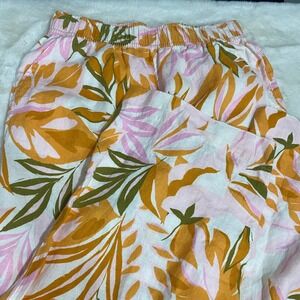 C & C California Linen Crop Pants Leaf Print Elastic Waist Summer‎ M